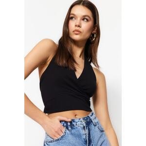 Trendyol Black Fitted/Sticky Crop Double-breasted Cotton Stretch Knit Blouse