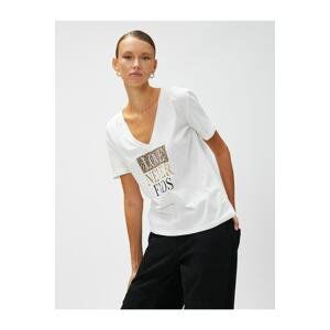 Koton T-Shirt V-Neck Shiny Printed Cotton