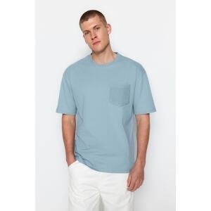 Trendyol Blue Men's Relaxed/Casual Cut Crew Neck Short Sleeve Textured Pocket 100% Cotton T-Shirt