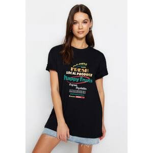 Trendyol Black 100% Cotton Slogan Printed Boyfriend Crew Neck Knitted T-Shirt