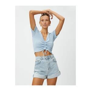 Koton Crop T-Shirt Pleated V-Neck