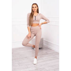 Žebrovaný crop top set tmavě béžový