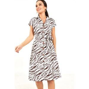 armonika Women's Brown Zebra Patterned Short Sleeve Shirt Dress with Belt