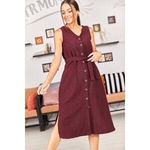 armonika Women's Burgundy Strap Dress with Tie Waist and Buttons in the Front