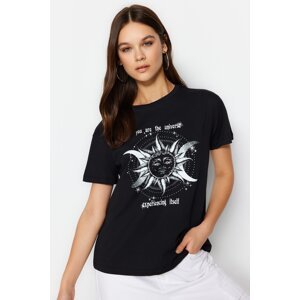 Trendyol Black 100% Cotton Mystical Printed Basic Crew Neck Knitted T-Shirt