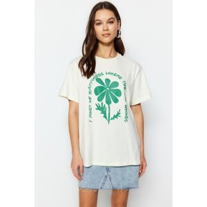 Trendyol Ecru 100% Cotton Printed Boyfriend Fit Crew Neck Knitted T-Shirt