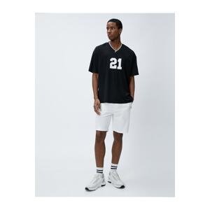 Koton College Print V-Neck Oversize T-Shirts with Pile Short Sleeves.