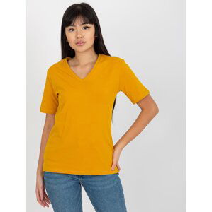 Tmavě žluté dámské basic tričko s výstřihem do V