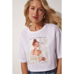 Happiness İstanbul Women's White Printed Oversized Crop T-Shirts