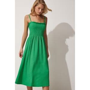 Happiness İstanbul Women's Green Straps Elastic Waist Summer Knitted Dress