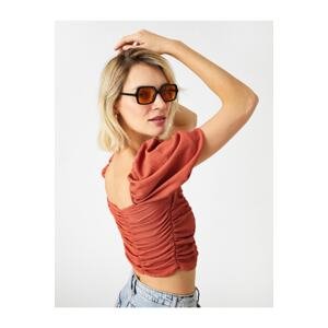 Koton Balloon Sleeves Crop Pleated U-Neck Blouse with Back Detail.