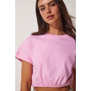 Happiness İstanbul Women's Pink Crop T-Shirt with Elastic Waist