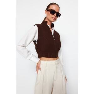 Trendyol Brown Crop Zippered Basic Knitwear Cardigan