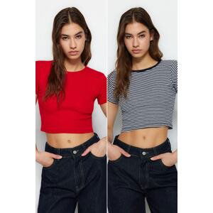 Trendyol Navy Blue Striped-Red Plain 2 Pack Fitted Crop Ribbed Knitted Blouse