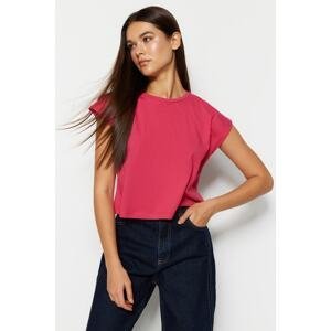 Trendyol Fuchsia 100% Cotton Low Sleeves Relaxed/Wide, Comfortable Cut Crew Neck Knitted T-Shirt