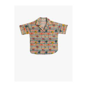 Koton Girl's Orange Patterned Short Sleeve Shirt with Cotton Print