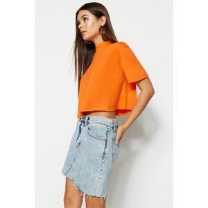Trendyol Orange 100% Cotton Crop Stand-Up Collar Knitted T-Shirt