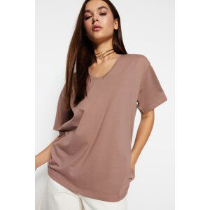 Trendyol Mink 100% Cotton Oversize V Neck Knitted T-Shirt