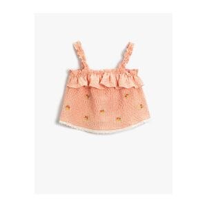Koton Floral Embroidered Gingham Frilly Strappy Blouse