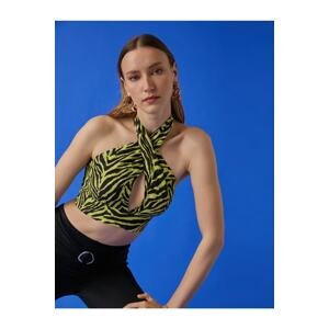 Koton Zebra Patterned Crossover Crop Top with Tie Collar