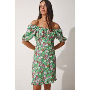 Happiness İstanbul Women's Green Carmen Collar Floral Balloon Sleeve Summer Dress