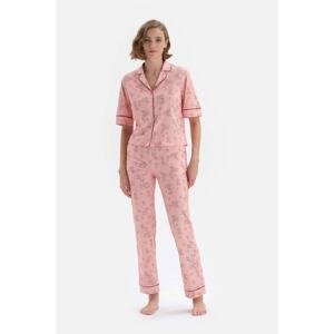 Dagi Light Salmon Star Patterned Shirt and Knitted Pajamas Set