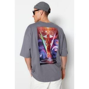 Trendyol Anthracite Men's Oversize/Wide Cut Crew Neck Short Sleeve Space Printed 100% Cotton T-Shirt.