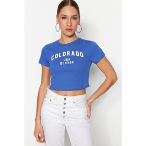 Trendyol Saks 100% Cotton Slogan Printed Fitted Crop Crew Neck Knitted T-Shirt