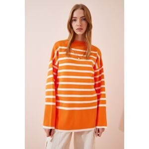 Happiness İstanbul Women's Orange White Striped Oversized Knitwear Sweater
