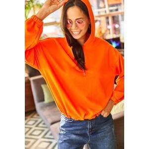 Olalook Women's Plain Orange Hooded Half-Zip and Gathered Sweatshirt