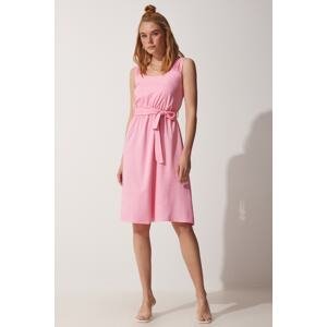 Happiness İstanbul Women's Pink Straps and Belted Summer Airobin Dress