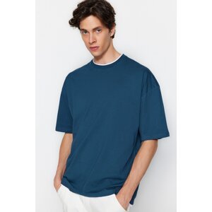 Trendyol Petrol Men's Oversize Crew Neck Short Sleeve Contrast Detailed Basic 100% Cotton T-Shirt