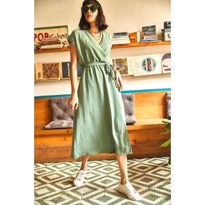 Olalook Women's Almond Green Double Breasted Belted Knitted Woven Dress with a Slit