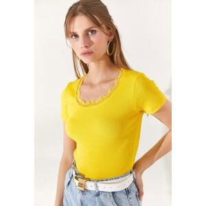 Olalook Women's Yellow Pool Neck Lace Lycra Short Sleeve Blouse