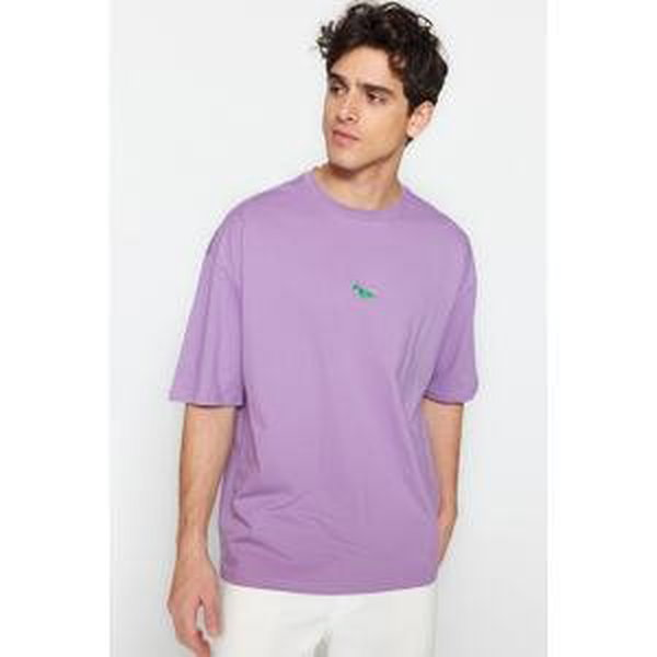 Trendyol Men's Damson Oversize/Wide-Fit Dinosaur Embroidery Short Sleeve 100% Cotton T-Shirt
