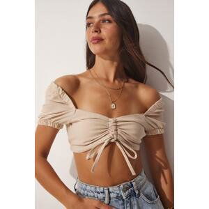 Happiness İstanbul Women's Beige Linen-Mixed Shirred Crop Top