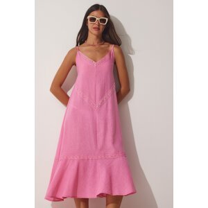 Happiness İstanbul Women's Pink Lace Detailed Strappy Summer Ayrobin Dress