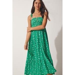 Happiness İstanbul Women's Green Floral Straps Summer Knitted Dress