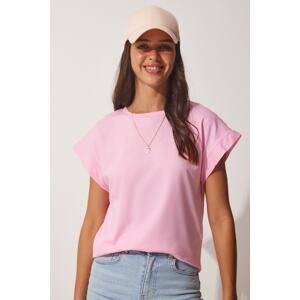 Happiness İstanbul Women's Pink Cotton Knitted Basic T-Shirt