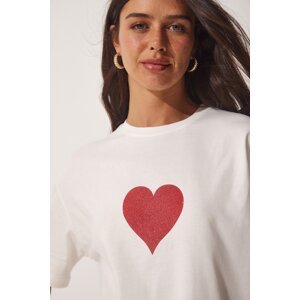 Happiness İstanbul Women's Ecru Sparkling Heart Printed Oversized Knitted T-Shirt