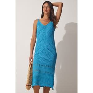 Happiness İstanbul Women's Blue Strappy Summer Openwork Knitwear Dress