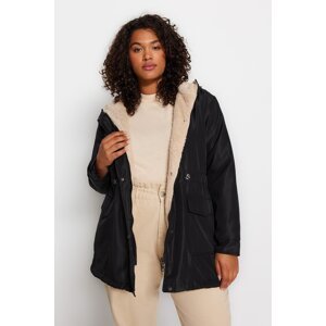 Trendyol Curve Black Hooded Coat with snap fasteners and pockets inside.