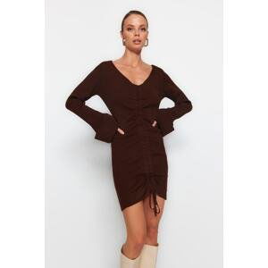 Trendyol Brown Mini Knitwear V-Neck Dress