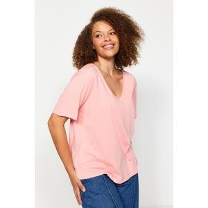 Trendyol Curve Pink V-Neck Basic Knitted T-Shirt