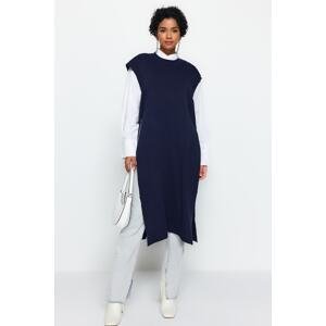 Trendyol Navy Blue Long Knitwear Sweater with Side Slits