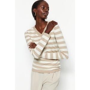 Trendyol Stone Premium/Special Yarn Soft Textured Basic Striped Knitwear Sweater
