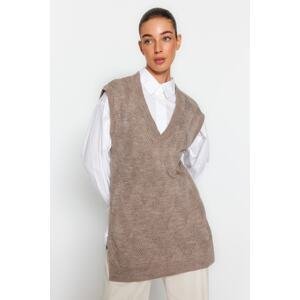 Trendyol Mink Knitted Patterned V-Neck Sweater