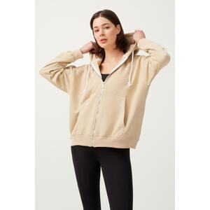 LOS OJOS Women's Beige White Hoodie Oversized Rayon Zipper Knitted Sweatshirt