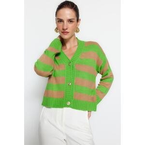 Trendyol Green V-Neck Striped Knitwear Cardigan
