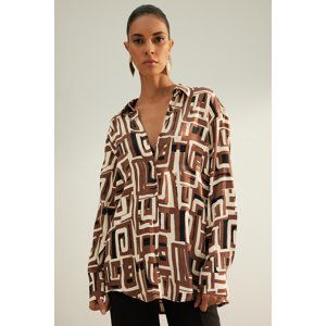 Trendyol Light Brown Geometric Pattern Premium Oversize/Creature Satin Woven Shirt